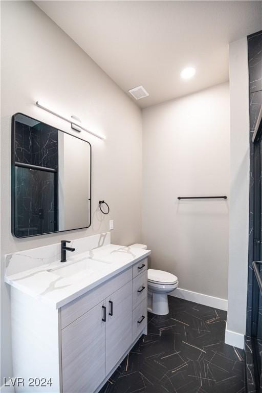 full bath with a shower, baseboards, marble finish floor, toilet, and vanity