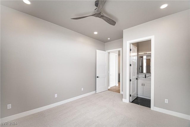 unfurnished bedroom featuring carpet, baseboards, connected bathroom, recessed lighting, and a ceiling fan