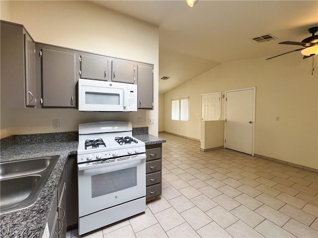 kitchen with lofted ceiling, sink, white appliances, gray cabinets, and ceiling fan