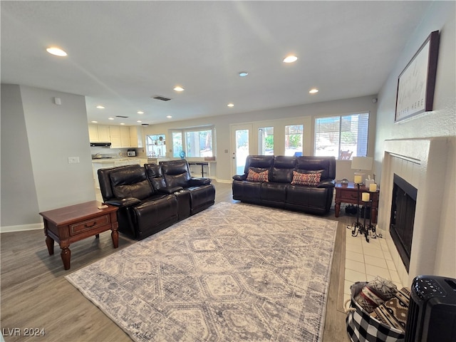 living room featuring light hardwood / wood-style floors and a wealth of natural light