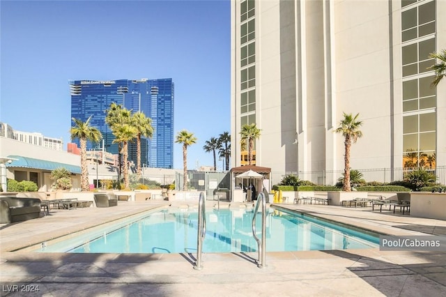 view of pool with a grill and a patio