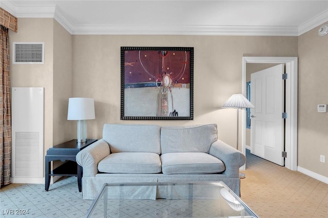 living room featuring light carpet and crown molding