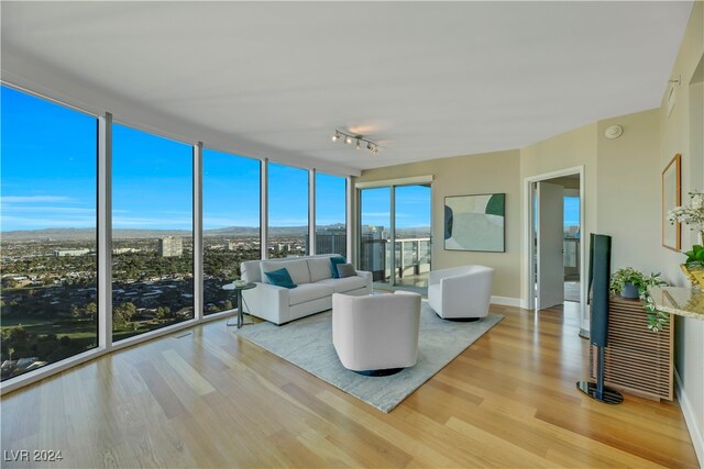 living room featuring floor to ceiling windows, light wood-type flooring, and rail lighting