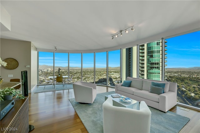 living room with a wall of windows, light hardwood / wood-style floors, and rail lighting