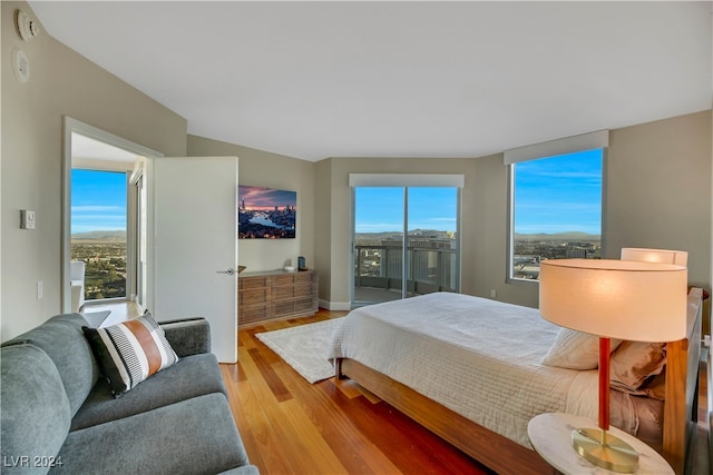 bedroom with multiple windows, light hardwood / wood-style floors, and access to exterior