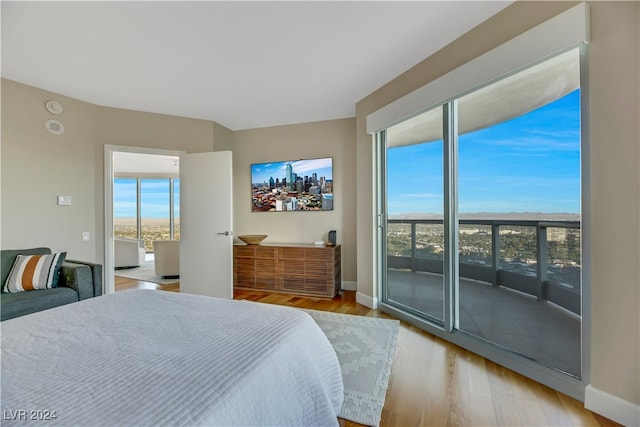 bedroom with access to exterior, light hardwood / wood-style flooring, and multiple windows