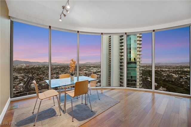 dining area with hardwood / wood-style flooring and expansive windows