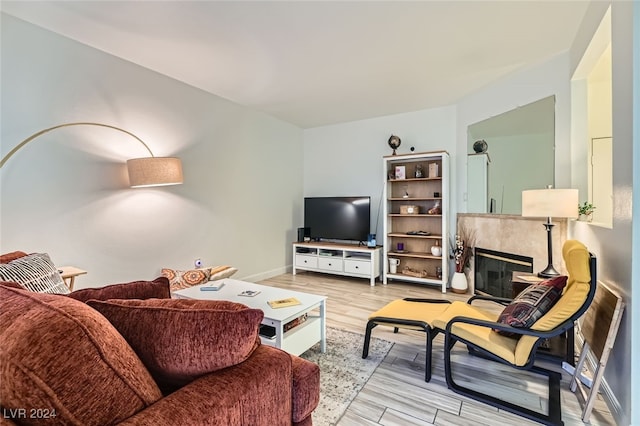 living room featuring light wood-type flooring and a premium fireplace