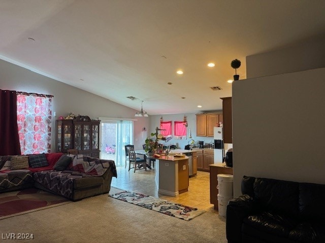 living room with light colored carpet and lofted ceiling