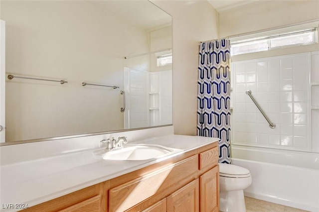 bathroom featuring tile patterned flooring, toilet, vanity, and shower / bathtub combination with curtain