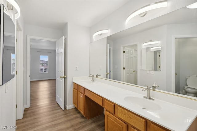 bathroom with wood-type flooring, vanity, and toilet