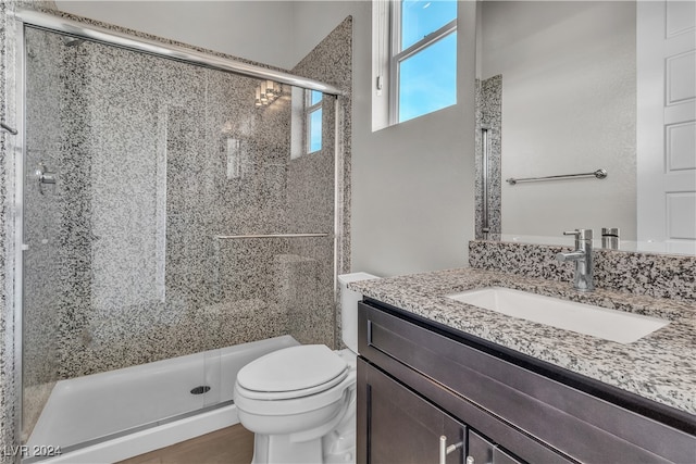 bathroom with vanity, toilet, and a shower with door