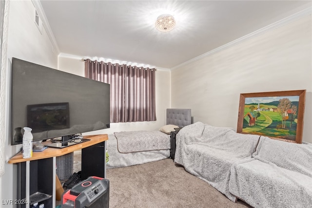 bedroom featuring light carpet and crown molding