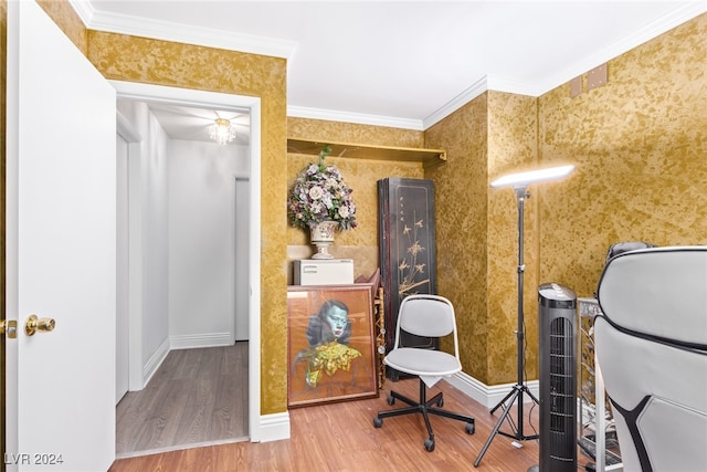 interior space featuring hardwood / wood-style floors and ornamental molding