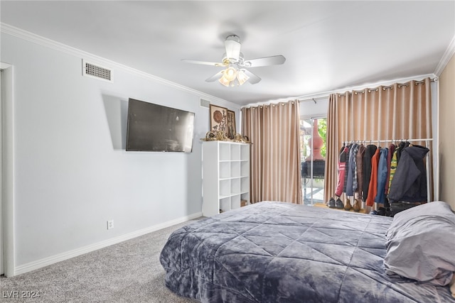 bedroom with carpet flooring, ceiling fan, crown molding, and access to outside