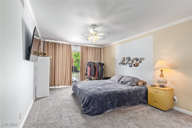 bedroom with carpet, ceiling fan, access to exterior, and ornamental molding