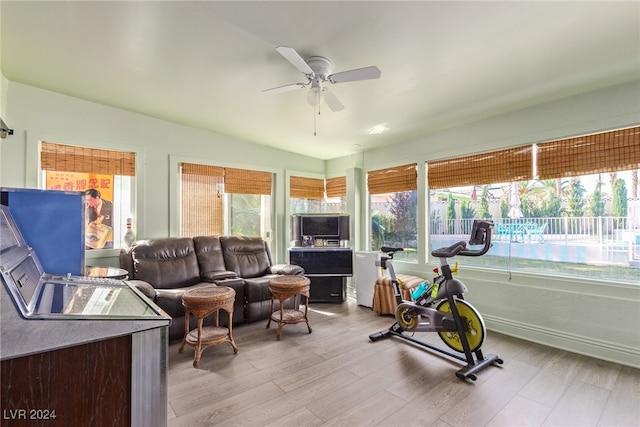 workout room with ceiling fan and light wood-type flooring