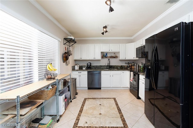 kitchen featuring crown molding, white cabinetry, sink, and black appliances