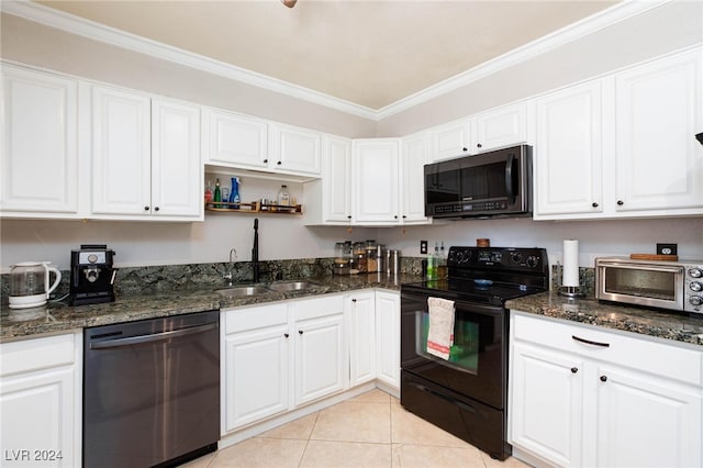 kitchen with sink, white cabinets, black appliances, and ornamental molding