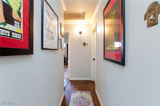 hallway featuring hardwood / wood-style floors and ornamental molding