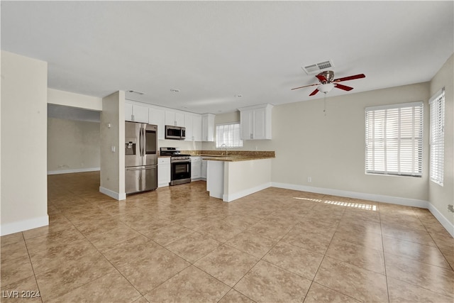 kitchen with white cabinetry, sink, ceiling fan, kitchen peninsula, and appliances with stainless steel finishes