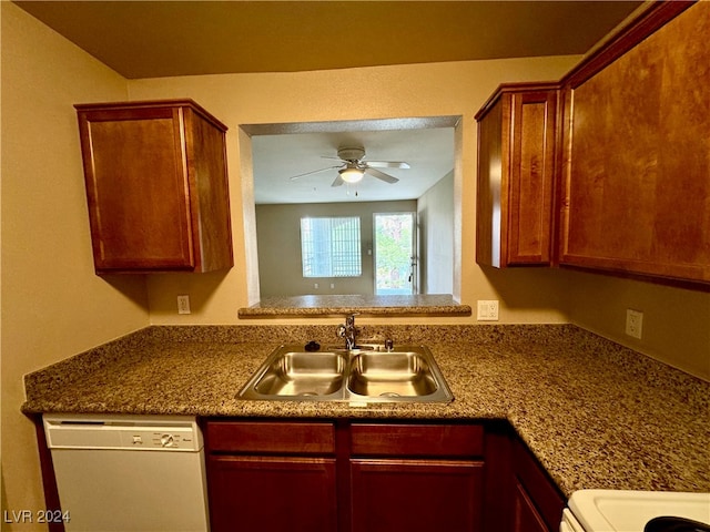 kitchen featuring dishwasher, ceiling fan, range, and sink