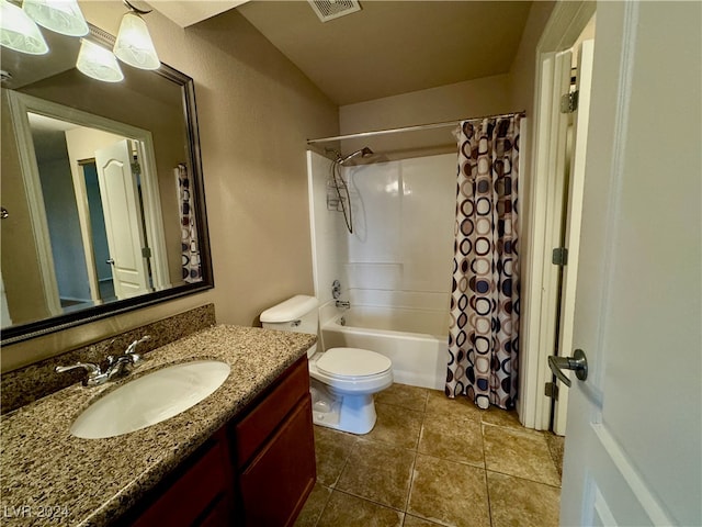 full bathroom with tile patterned flooring, vanity, toilet, and shower / bathtub combination with curtain