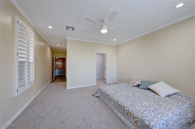 bedroom with ceiling fan, crown molding, and light carpet