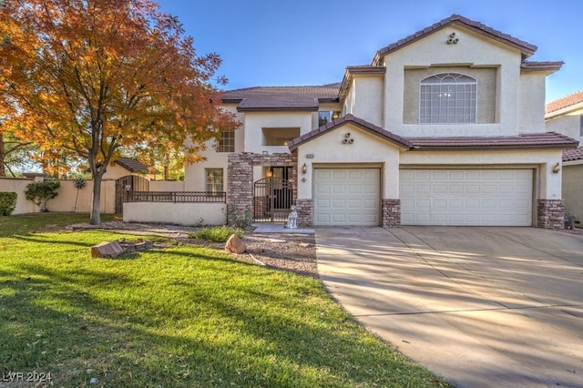 view of front of house featuring a front lawn and a garage