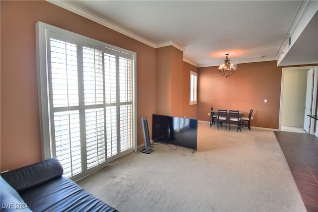 carpeted living room with ornamental molding and a chandelier