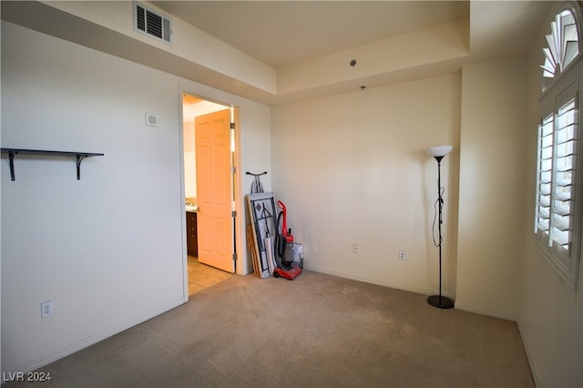 carpeted empty room featuring a raised ceiling