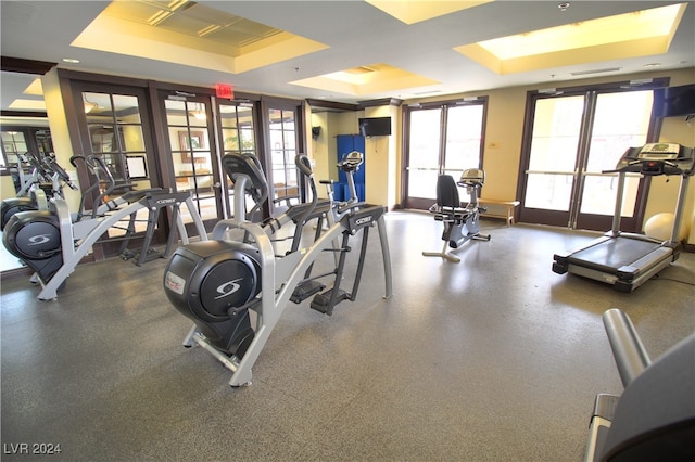 exercise room with a raised ceiling