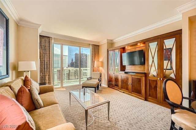 living room featuring light colored carpet and ornamental molding