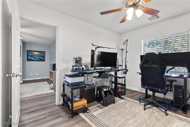 office space featuring hardwood / wood-style flooring and ceiling fan