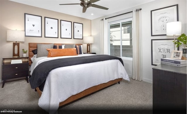 carpeted bedroom featuring ceiling fan