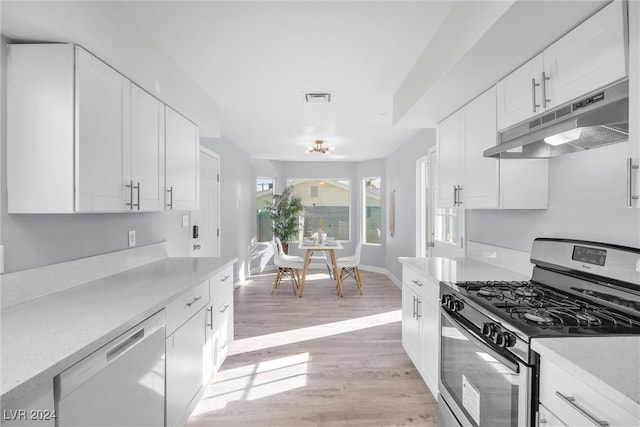 kitchen featuring white dishwasher, light hardwood / wood-style floors, white cabinetry, and stainless steel gas range