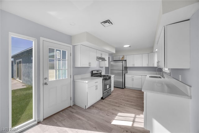 kitchen featuring sink, white cabinetry, stainless steel appliances, and light hardwood / wood-style flooring