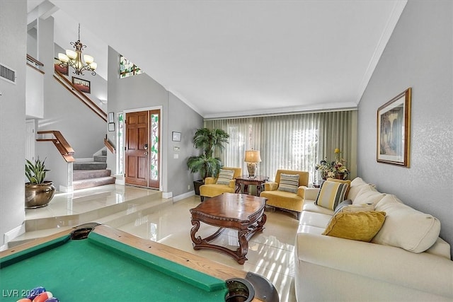 living room featuring tile patterned flooring, a notable chandelier, ornamental molding, and billiards