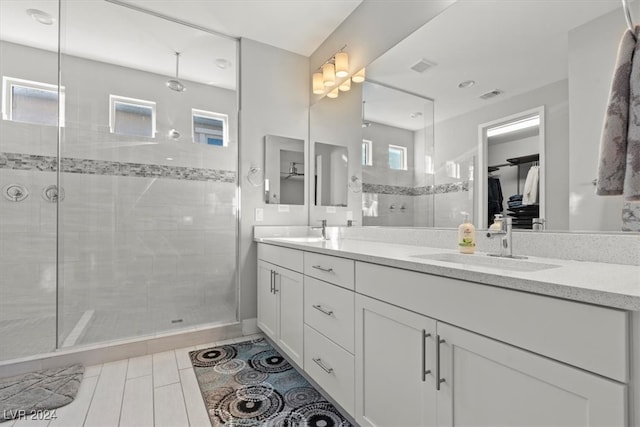 bathroom featuring plenty of natural light, walk in shower, and vanity