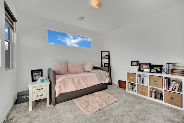 bedroom with light colored carpet