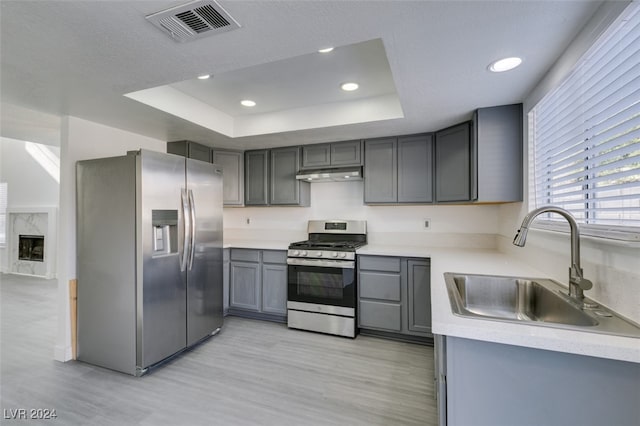 kitchen with sink, gray cabinetry, appliances with stainless steel finishes, a tray ceiling, and light hardwood / wood-style floors