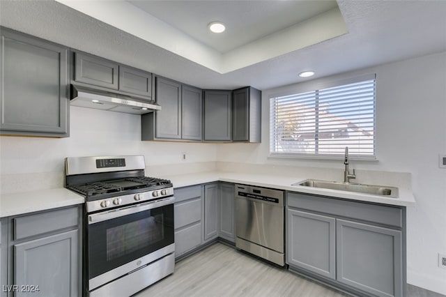 kitchen featuring appliances with stainless steel finishes, sink, gray cabinetry, and a tray ceiling