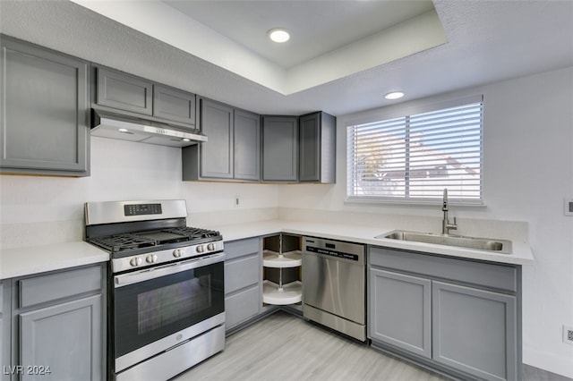 kitchen featuring stainless steel appliances, a raised ceiling, sink, and gray cabinets