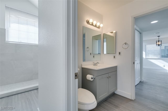 bathroom with a healthy amount of sunlight, vanity, toilet, and wood-type flooring