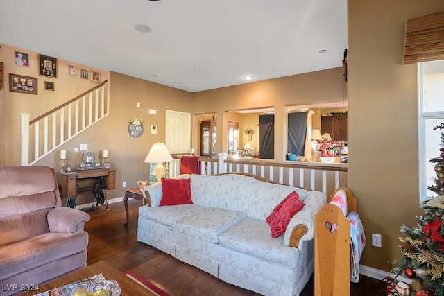 living room with dark hardwood / wood-style floors