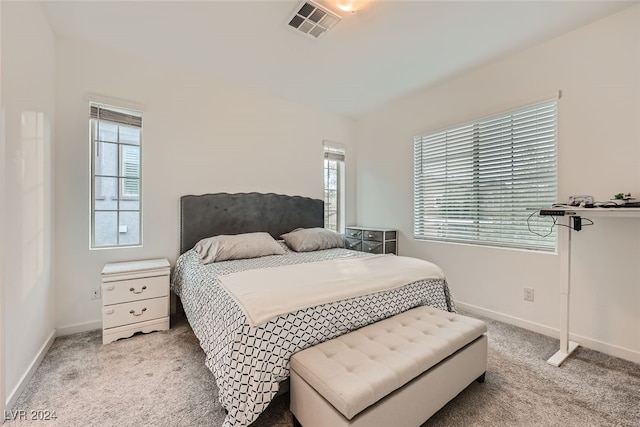 bedroom featuring light colored carpet and multiple windows