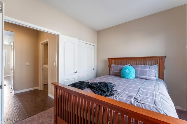 bedroom with dark wood-type flooring and a closet