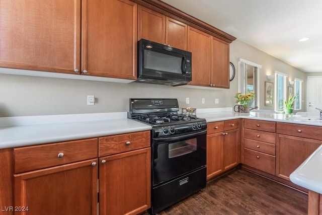 kitchen with dark hardwood / wood-style floors, sink, and black appliances