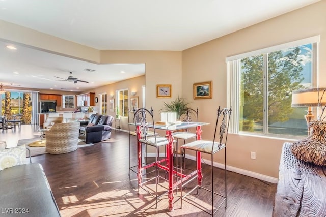 dining room with ceiling fan and dark hardwood / wood-style flooring