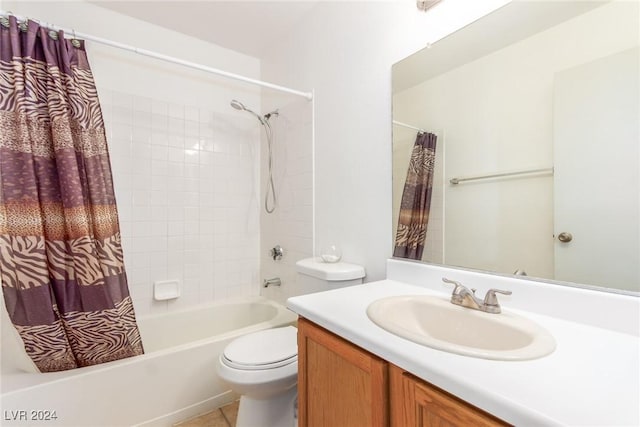 full bathroom with tile patterned floors, shower / bath combination with curtain, toilet, and vanity